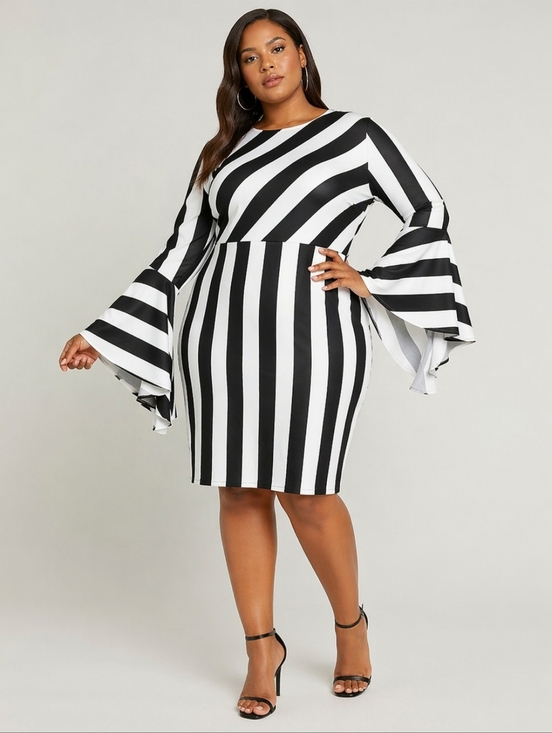 Eloquii Dresses & Skirts - Eloquii Dress 16 Black White Stripe Flare Sleeve Body Hugging Bodycon Scuba Plus